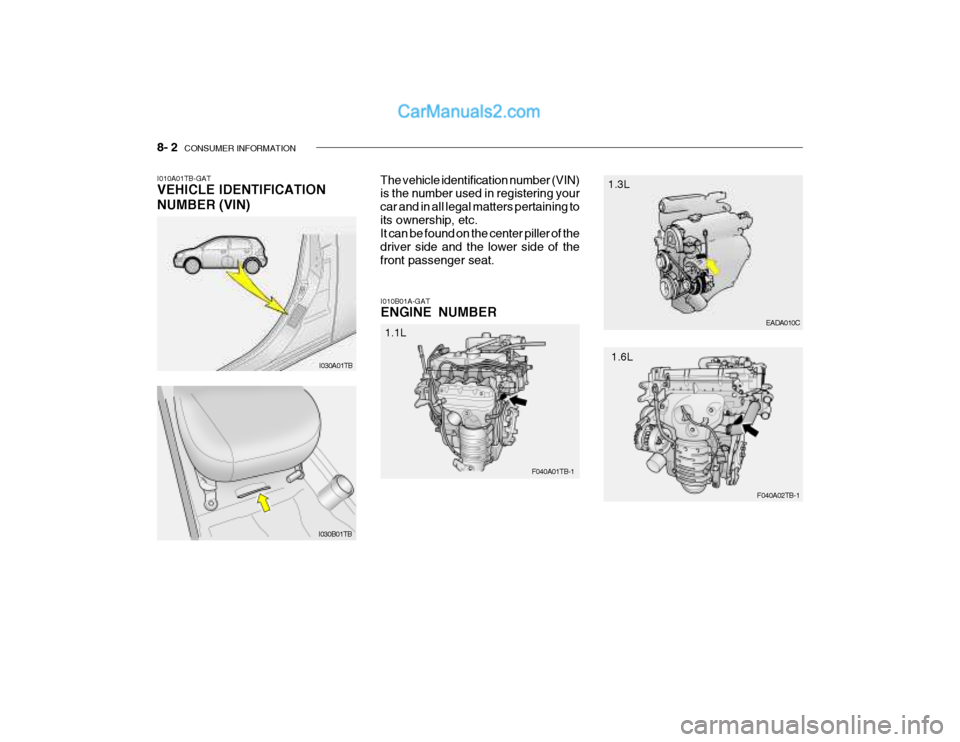 Hyundai Getz 2004  Owners Manual 8- 2  CONSUMER INFORMATION
I030A01TB EADA010C
I010A01TB-GAT VEHICLE IDENTIFICATION NUMBER (VIN)
The vehicle identification number (VIN) is the number used in registering your car and in all legal matt