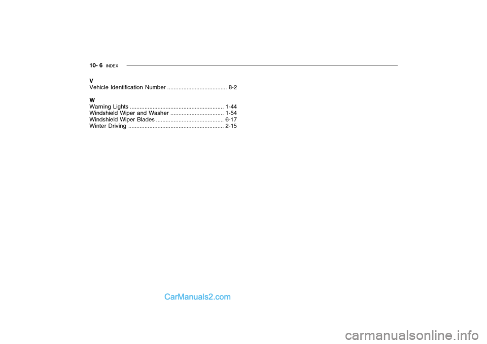 Hyundai Getz 2004  Owners Manual 10- 6  INDEX
V Vehicle Identification Number ..................................... 8-2
W Warning Lights .......................................................... 1-44
Windshield Wiper and  Washer....