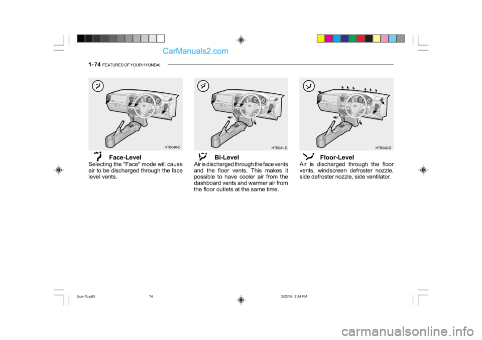 Hyundai Getz 2004  Owners Manual 1- 74  FEATURES OF YOUR HYUNDAI
HTB040-D
Face-Level
Selecting the "Face" mode will cause 
air to be discharged through the face 
level vents. Bi-Level
Air is discharged through the face vents 
and the