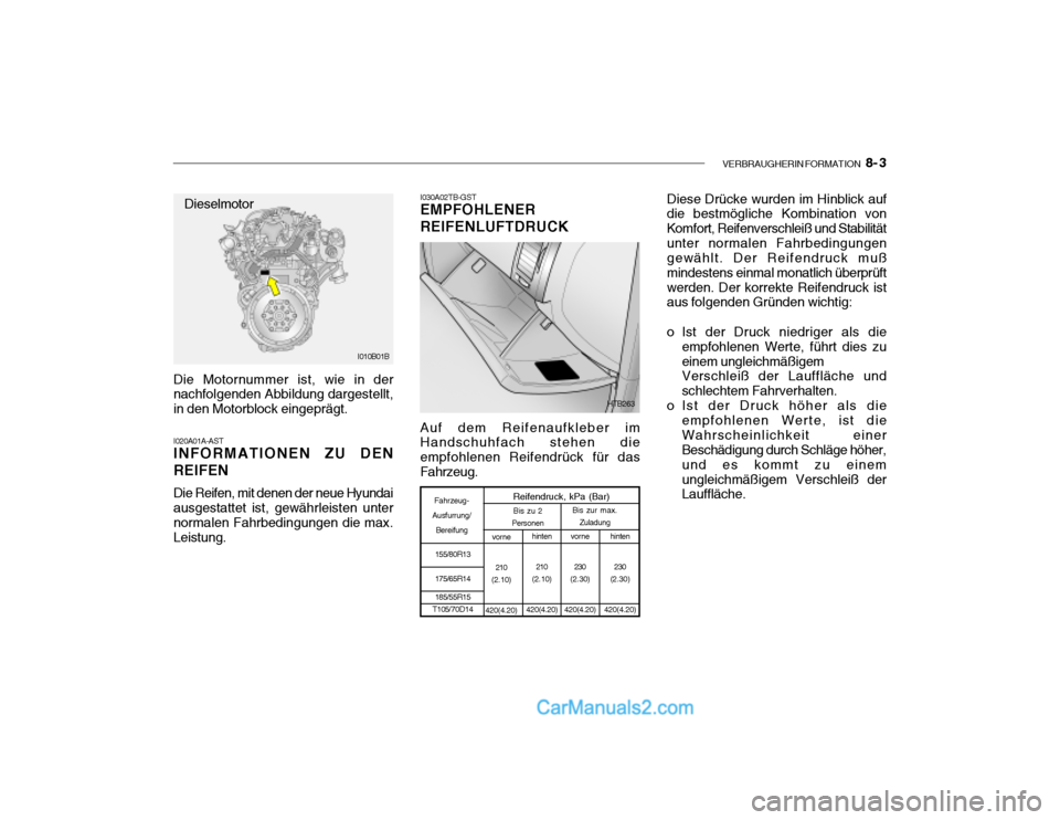 Hyundai Getz 2004  Betriebsanleitung (in German) VERBRAUGHERIN FORMATION   8- 3
I030A02TB-GST
EMPFOHLENER REIFENLUFTDRUCK
Die Motornummer ist, wie in der nachfolgenden Abbildung dargestellt, in den Motorblock eingeprägt. I020A01A-AST INFORMATIONEN 