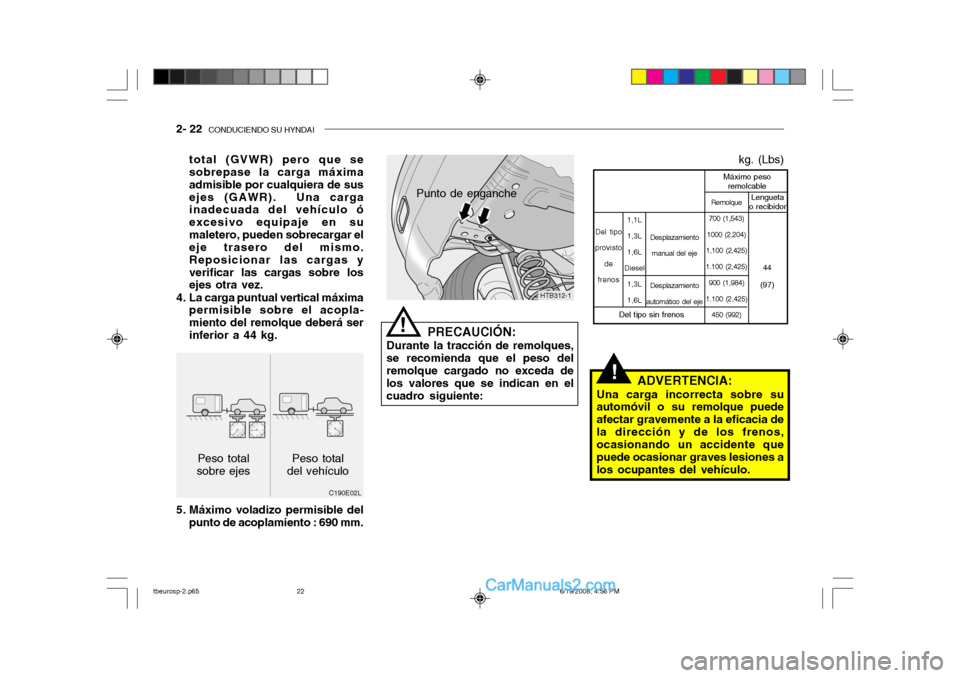 Hyundai Getz 2004  Manual del propietario (in Spanish) 2- 22  CONDUCIENDO SU HYNDAI
!
total (GVWR) pero que se sobrepase la carga máxima admisible por cualquiera de susejes (GAWR).  Una carga inadecuada del vehículo ó excesivo equipaje en sumaletero, p