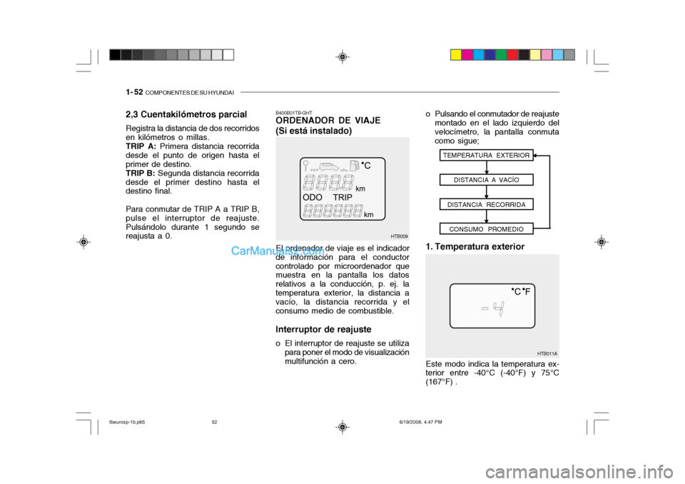 Hyundai Getz 2004  Manual del propietario (in Spanish) 1- 52  COMPONENTES DE SU HYUNDAI
2,3 Cuentakilómetros parcial Registra la distancia de dos recorridos en kilómetros o millas.TRIP A:  Primera distancia recorrida
desde el punto de origen hasta elpri