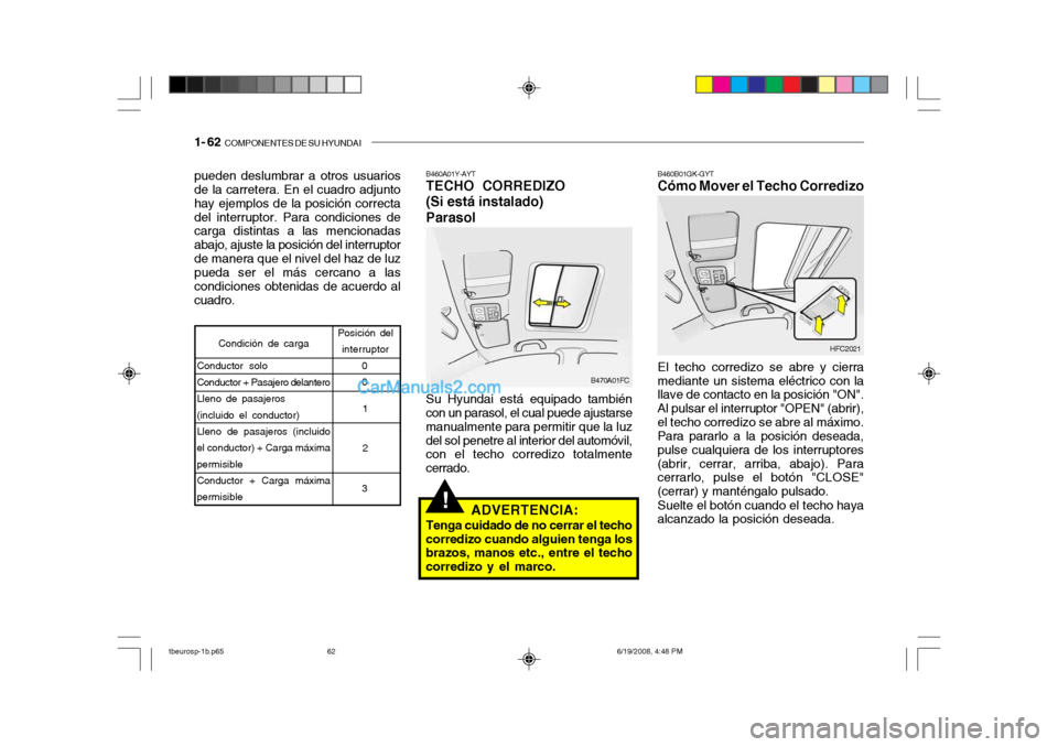 Hyundai Getz 2004  Manual del propietario (in Spanish) 1- 62  COMPONENTES DE SU HYUNDAI
!
pueden deslumbrar a otros usuarios de la carretera. En el cuadro adjunto hay ejemplos de la posición correctadel interruptor. Para condiciones de carga distintas a 
