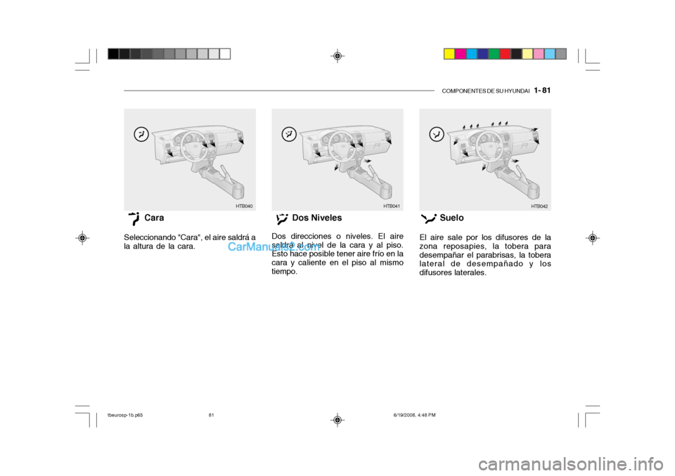Hyundai Getz 2004  Manual del propietario (in Spanish) COMPONENTES DE SU HYUNDAI   1- 81
HTB040 HTB041
HTB042
Cara
Seleccionando "Cara", el aire saldrá a
la altura de la cara. Dos Niveles
Dos direcciones o niveles. El aire
saldrá al nivel de la cara y a