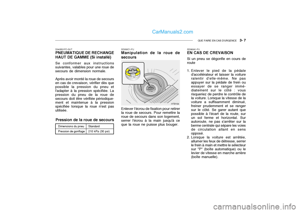 Hyundai Getz 2004 Manuel du propriétaire (in French) QUE FAIRE EN CAS DURGENCE 3- 7
Dimensions du pneu Pression de gonflage Standard210 kPa (30 psi)
D040B01FC-GUT PNEUMATIQUE DE RECHANGE
HAUT DE GAMME (Si installé)
Se conformer aux instructions
suiv Hyundai Getz 2004 Manuel du propriétaire (in French) QUE FAIRE EN CAS DURGENCE 3- 7
Dimensions du pneu Pression de gonflage Standard210 kPa (30 psi)
D040B01FC-GUT PNEUMATIQUE DE RECHANGE
HAUT DE GAMME (Si installé)
Se conformer aux instructions
suiv