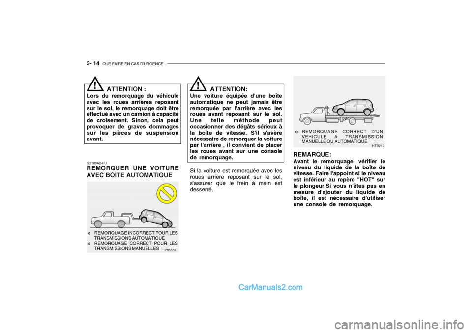 Hyundai Getz 2004 Manuel du propriétaire (in French) 3- 14 QUE FAIRE EN CAS DURGENCE
SD100A2-FU REMORQUER UNE VOITURE AVEC BOITE AUTOMATIQUE ATTENTION:
Une voiture équipée dune boîte automatique ne peut jamais êtreremorquée par larrière avec l Hyundai Getz 2004 Manuel du propriétaire (in French) 3- 14 QUE FAIRE EN CAS DURGENCE
SD100A2-FU REMORQUER UNE VOITURE AVEC BOITE AUTOMATIQUE ATTENTION:
Une voiture équipée dune boîte automatique ne peut jamais êtreremorquée par larrière avec l
