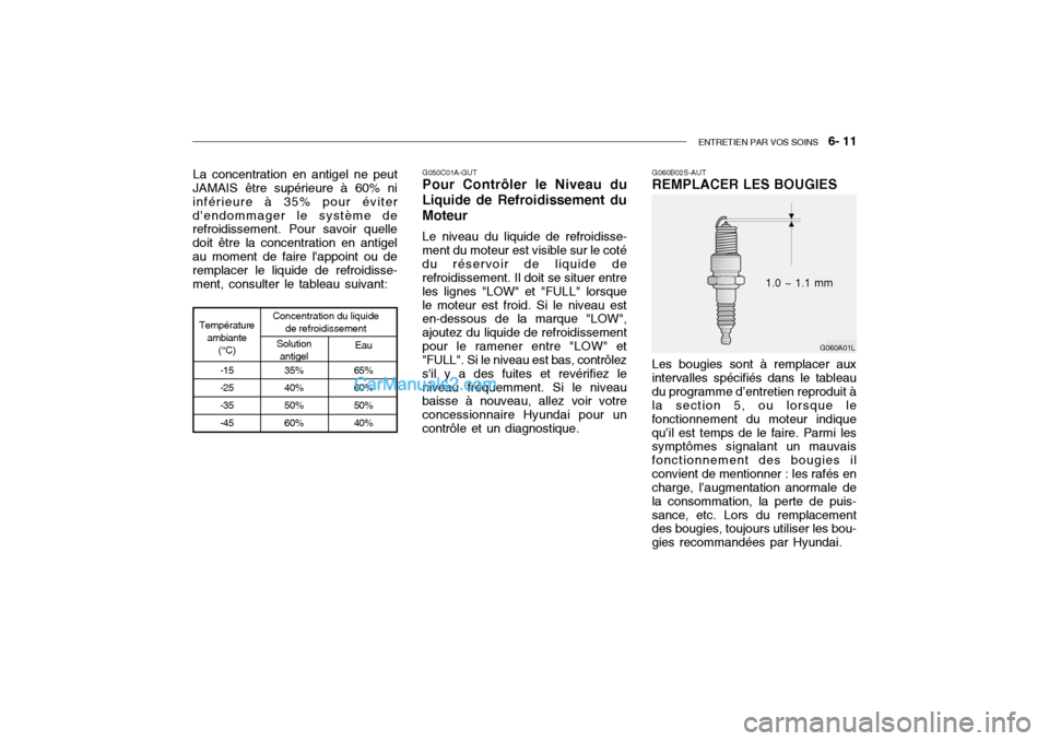 Hyundai Getz 2004 Manuel du propriétaire (in French) ENTRETIEN PAR VOS SOINS 6- 11
G050C01A-GUT Pour Contrôler le Niveau du
Liquide de Refroidissement du Moteur
Le niveau du liquide de refroidisse-
ment du moteur est visible sur le coté du réservoi Hyundai Getz 2004 Manuel du propriétaire (in French) ENTRETIEN PAR VOS SOINS 6- 11
G050C01A-GUT Pour Contrôler le Niveau du
Liquide de Refroidissement du Moteur
Le niveau du liquide de refroidisse-
ment du moteur est visible sur le coté du réservoi