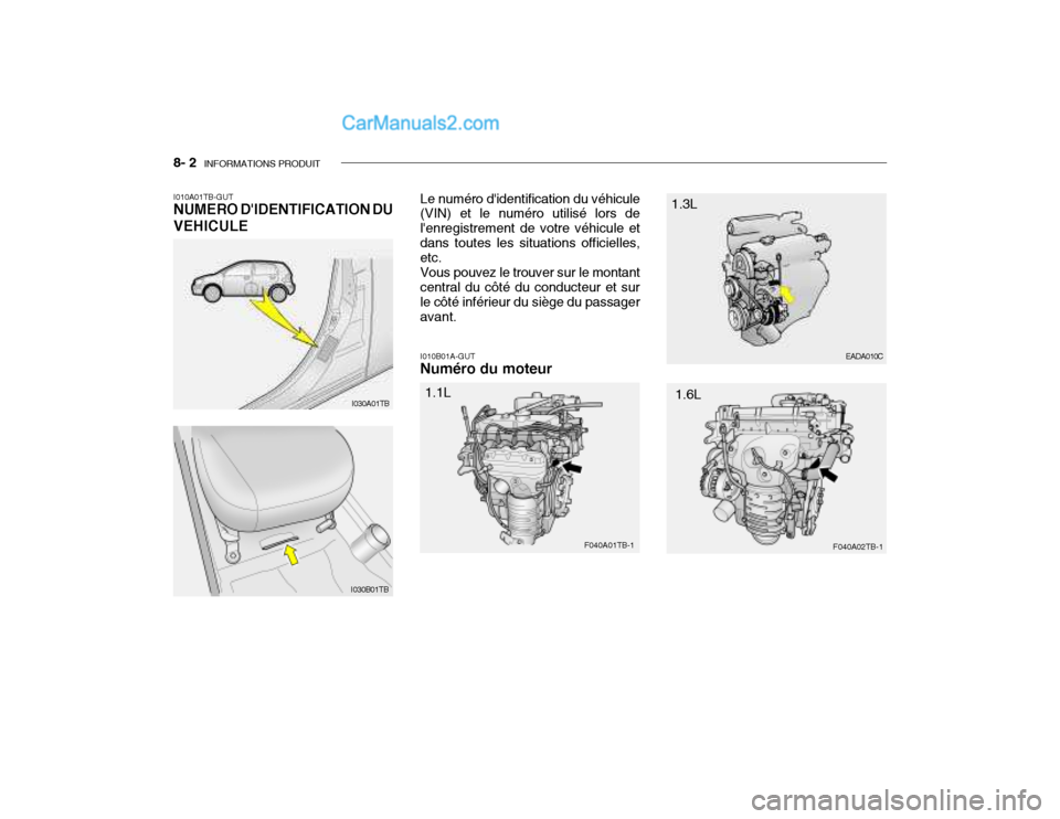 Hyundai Getz 2004  Manuel du propriétaire (in French) 8- 2  INFORMATIONS PRODUIT
I010B01A-GUT Numéro du moteur
I010A01TB-GUT NUMERO DIDENTIFICATION DU VEHICULE Le numéro didentification du véhicule (VIN) et le numéro utilisé lors de lenregistreme