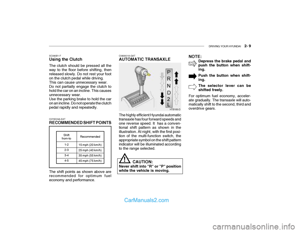 Hyundai Getz 2003 Owners Manual DRIVING YOUR HYUNDAI 2- 9
C070E03A-EAT RECOMMENDED SHIFT POINTS
1-2 2-3 3-44-5
Shift
from-to Recommended
15 mph (20 km/h)25 mph (40 km/h)35 mph (55 km/h) 45 mph (75 km/h)
The shift points as shown Hyundai Getz 2003 Owners Manual DRIVING YOUR HYUNDAI 2- 9
C070E03A-EAT RECOMMENDED SHIFT POINTS
1-2 2-3 3-44-5
Shift
from-to Recommended
15 mph (20 km/h)25 mph (40 km/h)35 mph (55 km/h) 45 mph (75 km/h)
The shift points as shown