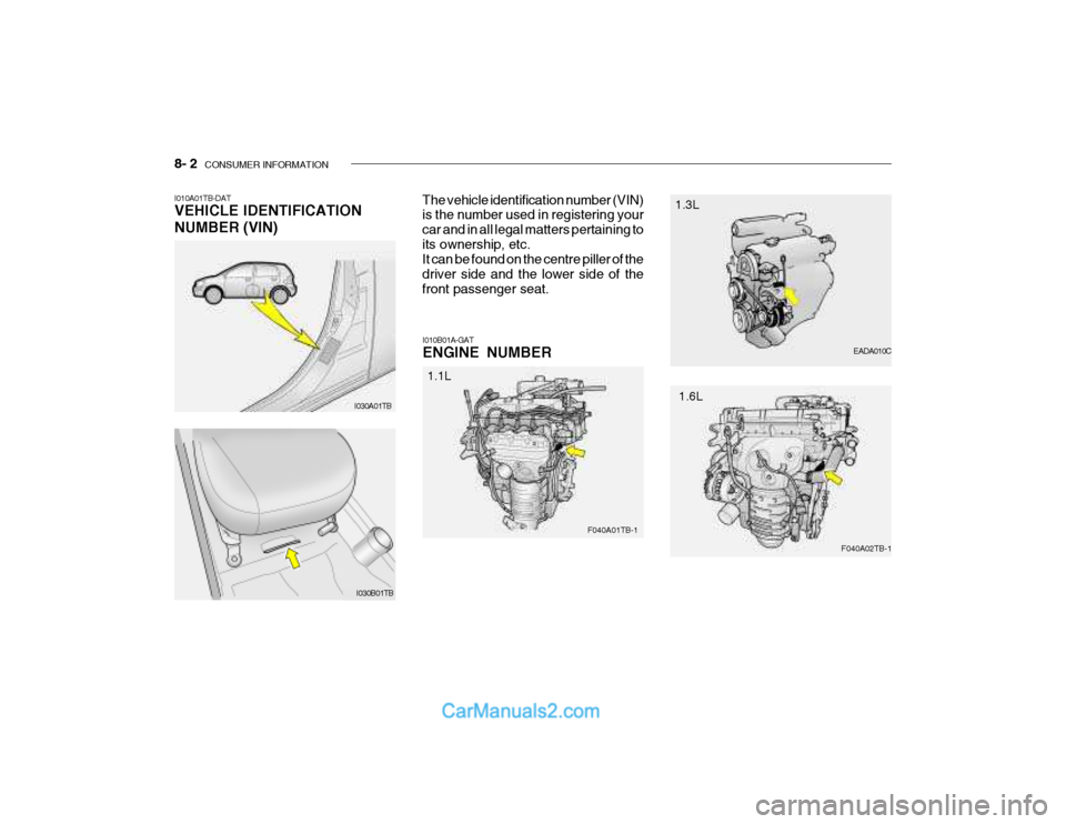 Hyundai Getz 2003  Owners Manual 8- 2  CONSUMER INFORMATION
I030A01TB EADA010C
I010A01TB-DAT VEHICLE IDENTIFICATION NUMBER (VIN)
The vehicle identification number (VIN) is the number used in registering your car and in all legal matt