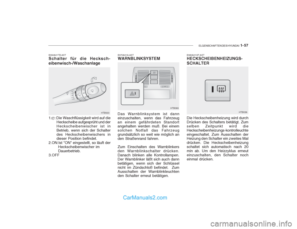 Hyundai Getz 2003 Betriebsanleitung (in German) ELGENSCHAFTEN DES HYUNDAI 1- 57
B350A01TB-AST Schalter für die Hecksch- eibenwisch-/Waschanlage 1. :Die Waschflüssigkeit wird auf die
Heckscheibe aufgesprüht und der Heckscheibenwischer ist inB Hyundai Getz 2003 Betriebsanleitung (in German) ELGENSCHAFTEN DES HYUNDAI 1- 57
B350A01TB-AST Schalter für die Hecksch- eibenwisch-/Waschanlage 1. :Die Waschflüssigkeit wird auf die
Heckscheibe aufgesprüht und der Heckscheibenwischer ist inB