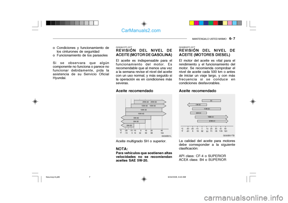Hyundai Getz 2003 Manual del propietario (in Spanish) MANTENGALO USTED MISMO 6- 7
G030B01TB
G030A01FC-GYT
REVISIÓN DEL NIVEL DE ACEITE (MOTOR DE GASOLINA)
El aceite es indispensable para el
funcionamiento del motor. Es recomendable que al menos una ve Hyundai Getz 2003 Manual del propietario (in Spanish) MANTENGALO USTED MISMO 6- 7
G030B01TB
G030A01FC-GYT
REVISIÓN DEL NIVEL DE ACEITE (MOTOR DE GASOLINA)
El aceite es indispensable para el
funcionamiento del motor. Es recomendable que al menos una ve