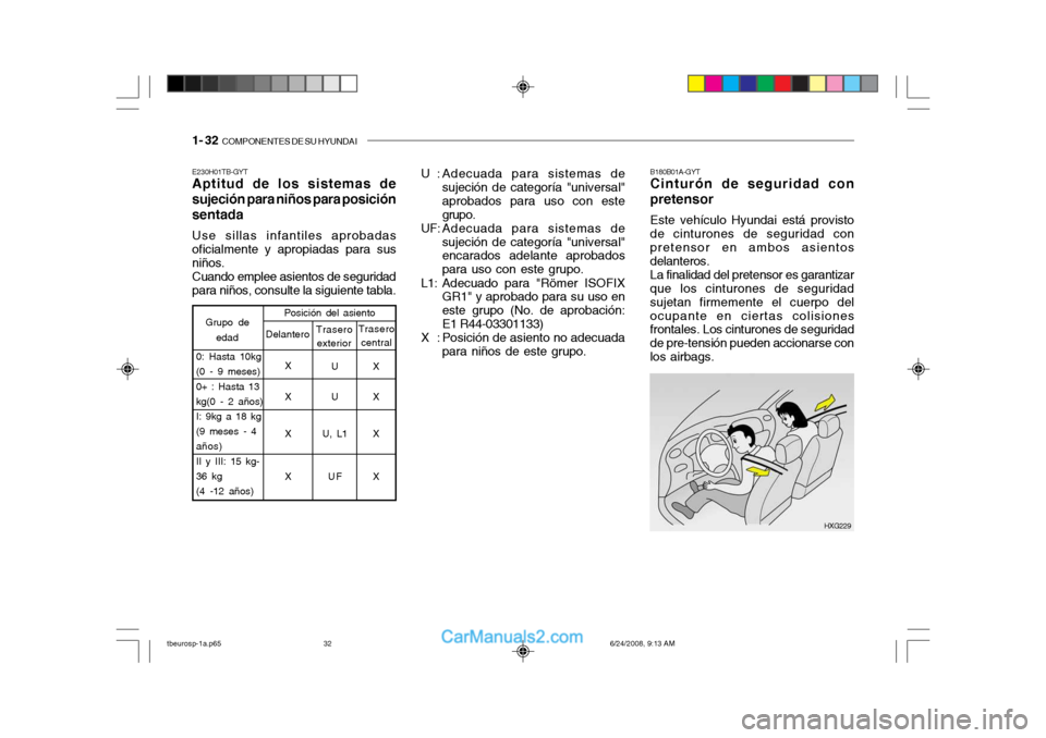 Hyundai Getz 2003 Manual del propietario (in Spanish) 1- 32 COMPONENTES DE SU HYUNDAI
B180B01A-GYT Cinturón de seguridad con pretensor Este vehículo Hyundai está provisto de cinturones de seguridad con pretensor en ambos asientos delanteros. La final Hyundai Getz 2003 Manual del propietario (in Spanish) 1- 32 COMPONENTES DE SU HYUNDAI
B180B01A-GYT Cinturón de seguridad con pretensor Este vehículo Hyundai está provisto de cinturones de seguridad con pretensor en ambos asientos delanteros. La final