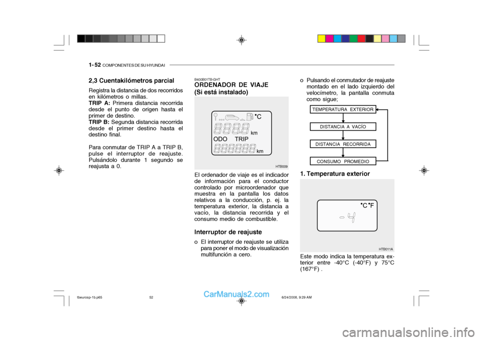 Hyundai Getz 2003 Manual del propietario (in Spanish) 1- 52 COMPONENTES DE SU HYUNDAI
2,3 Cuentakilómetros parcial Registra la distancia de dos recorridos en kilómetros o millas.TRIP A: Primera distancia recorrida
desde el punto de origen hasta elpri Hyundai Getz 2003 Manual del propietario (in Spanish) 1- 52 COMPONENTES DE SU HYUNDAI
2,3 Cuentakilómetros parcial Registra la distancia de dos recorridos en kilómetros o millas.TRIP A: Primera distancia recorrida
desde el punto de origen hasta elpri