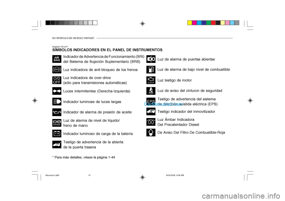 Hyundai Getz 2003  Manual del propietario (in Spanish) SU VEHÍCULO DE UN SOLO VISTAZO
B255A01TB-GYT SÍMBOLOS INDICADORES EN EL PANEL DE INSTRUMENTOS * Para más detalles, véase la página 1-44
Indicador de Advertencia de Funcionamiento (SRI) del Sistem