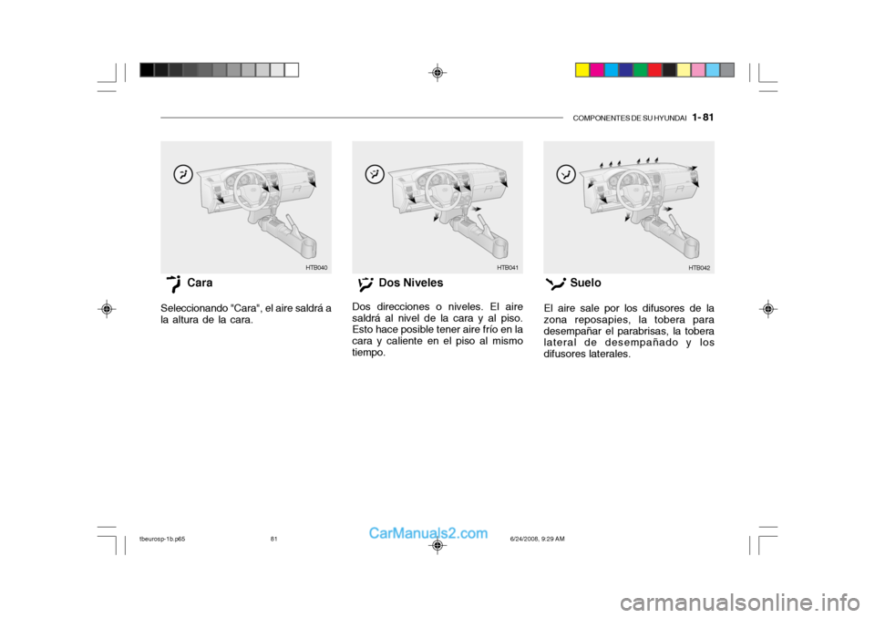 Hyundai Getz 2003  Manual del propietario (in Spanish) COMPONENTES DE SU HYUNDAI   1- 81
HTB040 HTB041
HTB042
Cara
Seleccionando "Cara", el aire saldrá a
la altura de la cara. Dos Niveles
Dos direcciones o niveles. El aire
saldrá al nivel de la cara y a