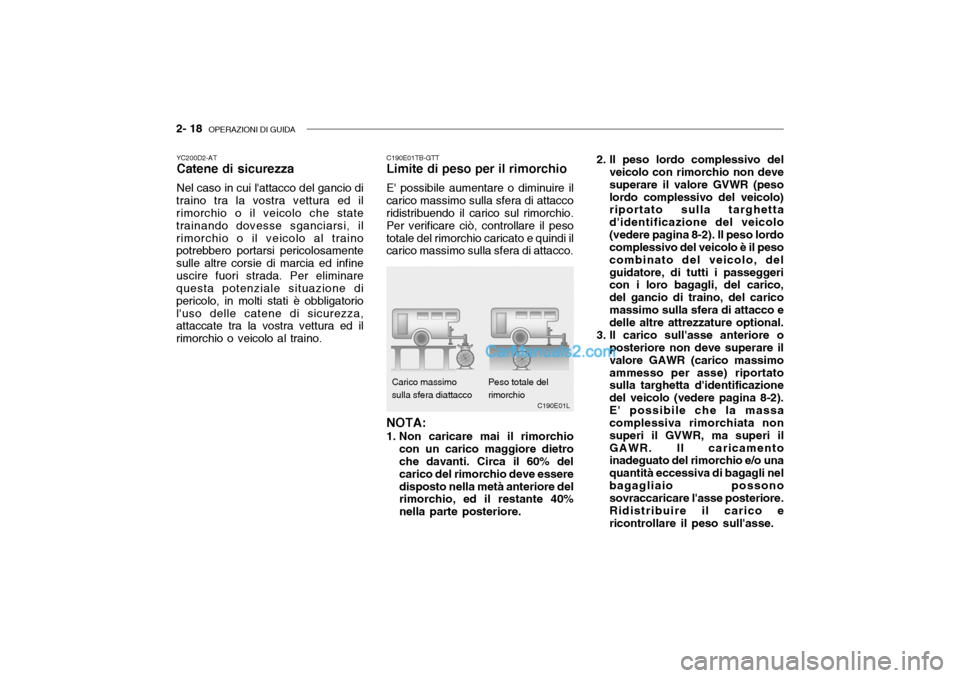 Hyundai Getz 2003 Manuale del proprietario (in Italian) 2- 18 OPERAZIONI DI GUIDA
Carico massimo sulla sfera diattacco 2. Il peso lordo complessivo del
veicolo con rimorchio non deve superare il valore GVWR (pesolordo complessivo del veicolo) riportato su Hyundai Getz 2003 Manuale del proprietario (in Italian) 2- 18 OPERAZIONI DI GUIDA
Carico massimo sulla sfera diattacco 2. Il peso lordo complessivo del
veicolo con rimorchio non deve superare il valore GVWR (pesolordo complessivo del veicolo) riportato su