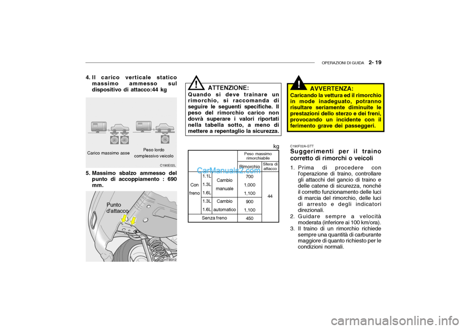 Hyundai Getz 2003 Manuale del proprietario (in Italian) OPERAZIONI DI GUIDA 2- 19
!ATTENZIONE:
Quando si deve trainare un
rimorchio, si raccomanda di seguire le seguenti specifiche. Ilpeso del rimorchio carico non dovrà superare i valori riportati nella Hyundai Getz 2003 Manuale del proprietario (in Italian) OPERAZIONI DI GUIDA 2- 19
!ATTENZIONE:
Quando si deve trainare un
rimorchio, si raccomanda di seguire le seguenti specifiche. Ilpeso del rimorchio carico non dovrà superare i valori riportati nella