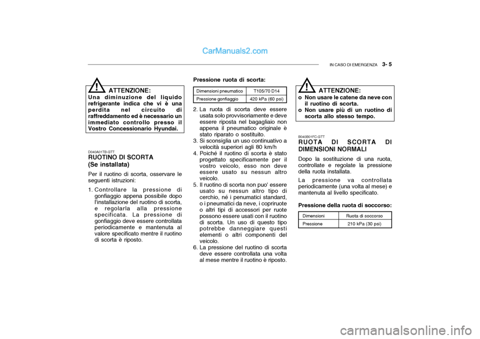 Hyundai Getz 2003 Manuale del proprietario (in Italian) IN CASO DI EMERGENZA 3- 5
T105/70 D14
420 kPa (60 psi)
ATTENZIONE:
Una diminuzione del liquido refrigerante indica che vi è una perdita nel circuito di raffreddamento ed è necessario unimmediato c Hyundai Getz 2003 Manuale del proprietario (in Italian) IN CASO DI EMERGENZA 3- 5
T105/70 D14
420 kPa (60 psi)
ATTENZIONE:
Una diminuzione del liquido refrigerante indica che vi è una perdita nel circuito di raffreddamento ed è necessario unimmediato c