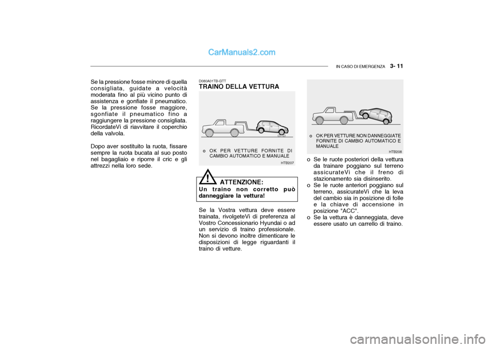 Hyundai Getz 2003 Manuale del proprietario (in Italian) IN CASO DI EMERGENZA 3- 11
HTB207
o OK PER VETTURE FORNITE DI
CAMBIO AUTOMATICO E MANUALE
D080A01TB-GTT TRAINO DELLA VETTURA
ATTENZIONE:
Un traino non corretto può
danneggiare la vettura!
Se la pre Hyundai Getz 2003 Manuale del proprietario (in Italian) IN CASO DI EMERGENZA 3- 11
HTB207
o OK PER VETTURE FORNITE DI
CAMBIO AUTOMATICO E MANUALE
D080A01TB-GTT TRAINO DELLA VETTURA
ATTENZIONE:
Un traino non corretto può
danneggiare la vettura!
Se la pre