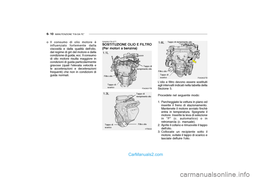 Hyundai Getz 2003 Manuale del proprietario (in Italian) 6- 10 MANUTENZIONE "FAI-DA-TE"
o Il consumo di olio motore è
influenzato fortemente dalla viscosità e dalla qualità dellolio,dal regime di giri del motore e dalla condizione di guida, ecc. Il con Hyundai Getz 2003 Manuale del proprietario (in Italian) 6- 10 MANUTENZIONE "FAI-DA-TE"
o Il consumo di olio motore è
influenzato fortemente dalla viscosità e dalla qualità dellolio,dal regime di giri del motore e dalla condizione di guida, ecc. Il con