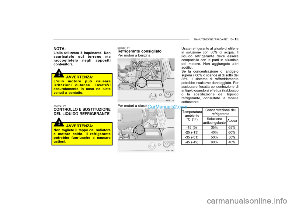Hyundai Getz 2003 Manuale del proprietario (in Italian) MANUTENZIONE "FAI-DA-TE" 6- 13
!
!
HTB170
HTB170A
NOTA: Lolio utilizzato è inquinante. Non scaricatelo sul terreno ma raccoglietelo negli appositicontenitori.
AVVERTENZA:
Lolio motore può causar Hyundai Getz 2003 Manuale del proprietario (in Italian) MANUTENZIONE "FAI-DA-TE" 6- 13
!
!
HTB170
HTB170A
NOTA: Lolio utilizzato è inquinante. Non scaricatelo sul terreno ma raccoglietelo negli appositicontenitori.
AVVERTENZA:
Lolio motore può causar