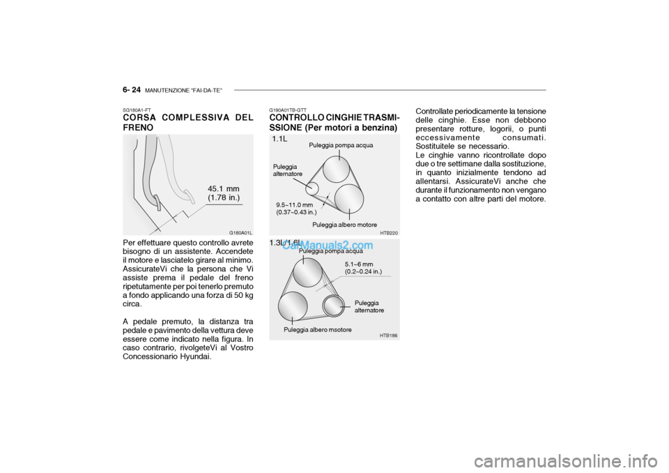 Hyundai Getz 2003  Manuale del proprietario (in Italian) 6- 24  MANUTENZIONE "FAI-DA-TE"
G190A01TB-GTT
CONTROLLO CINGHIE TRASMI- SSIONE (Per motori a benzina) Controllate periodicamente la tensione
delle cinghie. Esse non debbono presentare rotture, logorii
