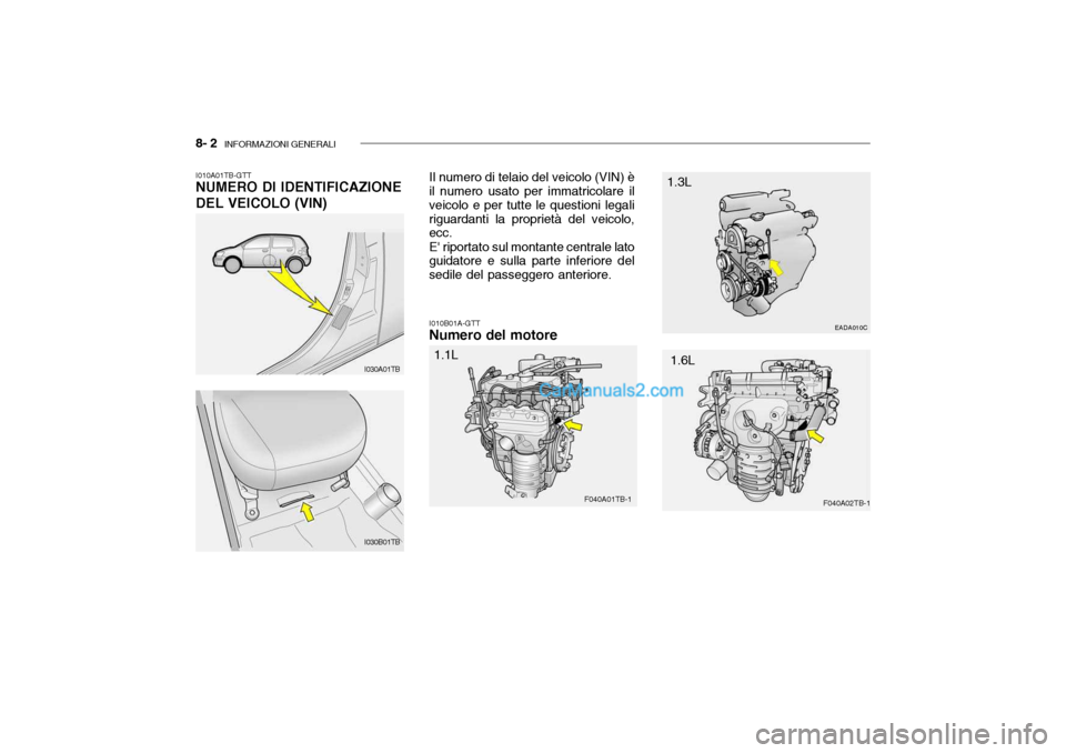 Hyundai Getz 2003  Manuale del proprietario (in Italian) 8- 2  INFORMAZIONI GENERALI
I010B01A-GTT
Numero del motore
I010A01TB-GTT NUMERO DI IDENTIFICAZIONE DEL VEICOLO (VIN)
Il numero di telaio del veicolo (VIN) è
il numero usato per immatricolare il veico