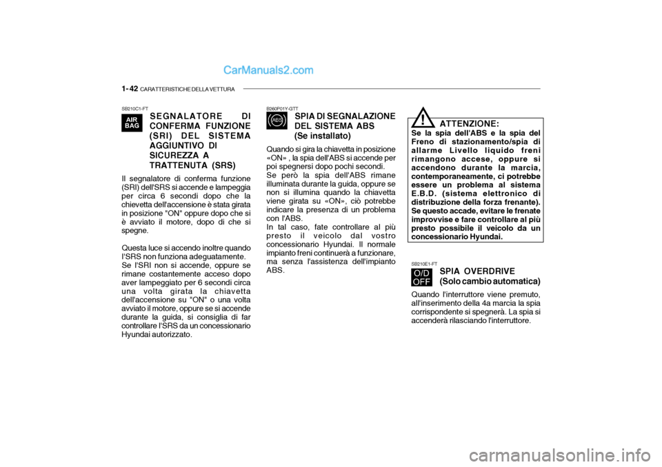Hyundai Getz 2003 Manuale del proprietario (in Italian) 1- 42 CARATTERISTICHE DELLA VETTURA
SB210C1-FT
SEGNALATORE DI
CONFERMA FUNZIONE (SRI) DEL SISTEMAAGGIUNTIVO DI
SICUREZZA A TRATTENUTA (SRS)
Il segnalatore di conferma funzione
(SRI) dellSRS si accen Hyundai Getz 2003 Manuale del proprietario (in Italian) 1- 42 CARATTERISTICHE DELLA VETTURA
SB210C1-FT
SEGNALATORE DI
CONFERMA FUNZIONE (SRI) DEL SISTEMAAGGIUNTIVO DI
SICUREZZA A TRATTENUTA (SRS)
Il segnalatore di conferma funzione
(SRI) dellSRS si accen