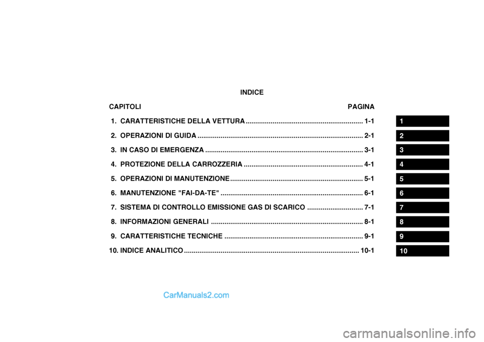 Hyundai Getz 2003 Manuale del proprietario (in Italian) INDICE
CAPITOLI PAGINA
1. CARATTERISTICHE DELLA VETTURA ............................................................. 1-1
2. OPERAZIONI DI GUIDA .................................................... Hyundai Getz 2003 Manuale del proprietario (in Italian) INDICE
CAPITOLI PAGINA
1. CARATTERISTICHE DELLA VETTURA ............................................................. 1-1
2. OPERAZIONI DI GUIDA ....................................................