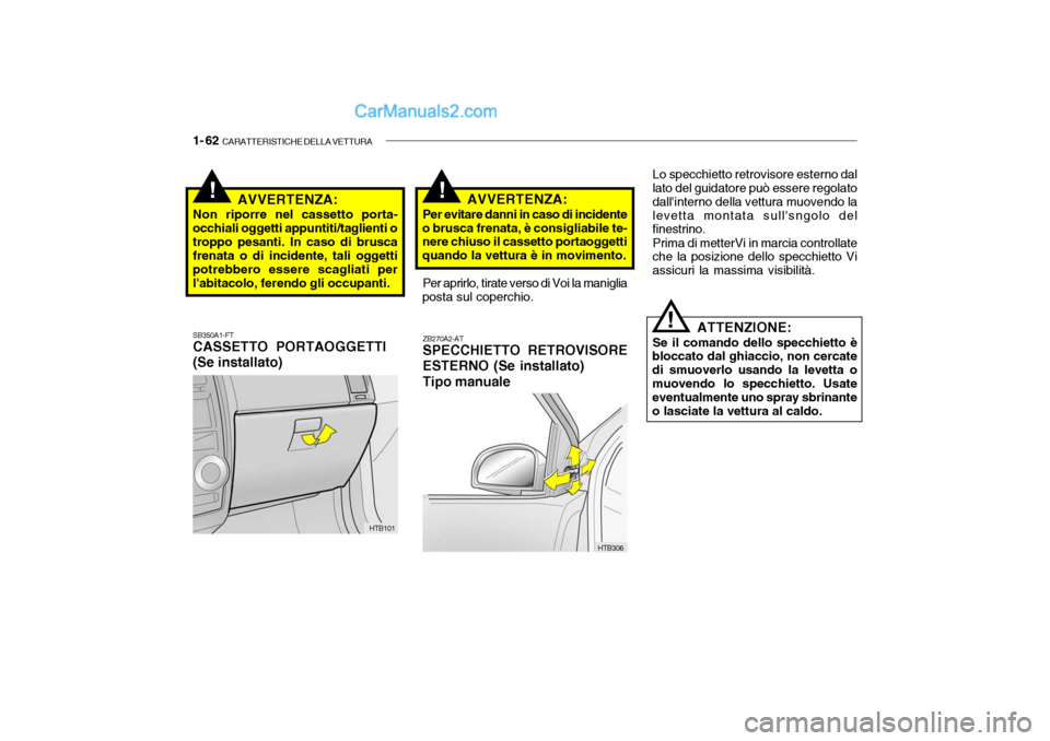 Hyundai Getz 2003 Manuale del proprietario (in Italian) 1- 62 CARATTERISTICHE DELLA VETTURA
!!
HTB306
ZB270A2-AT SPECCHIETTO RETROVISORE ESTERNO (Se installato)Tipo manuale
Lo specchietto retrovisore esterno dal
lato del guidatore può essere regolato dal Hyundai Getz 2003 Manuale del proprietario (in Italian) 1- 62 CARATTERISTICHE DELLA VETTURA
!!
HTB306
ZB270A2-AT SPECCHIETTO RETROVISORE ESTERNO (Se installato)Tipo manuale
Lo specchietto retrovisore esterno dal
lato del guidatore può essere regolato dal