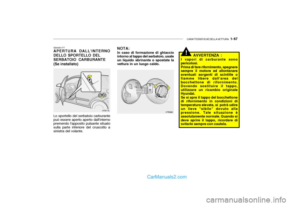 Hyundai Getz 2003 Manuale del proprietario (in Italian) CARATTERISTICHE DELLA VETTURA 1- 67
!
HTB115
SB440A1-FT APERTURA DALLINTERNO DELLO SPORTELLO DEL SERBATOIO CARBURANTE(Se installato) Lo sportello del serbatoio carburante può essere aperto aperto Hyundai Getz 2003 Manuale del proprietario (in Italian) CARATTERISTICHE DELLA VETTURA 1- 67
!
HTB115
SB440A1-FT APERTURA DALLINTERNO DELLO SPORTELLO DEL SERBATOIO CARBURANTE(Se installato) Lo sportello del serbatoio carburante può essere aperto aperto