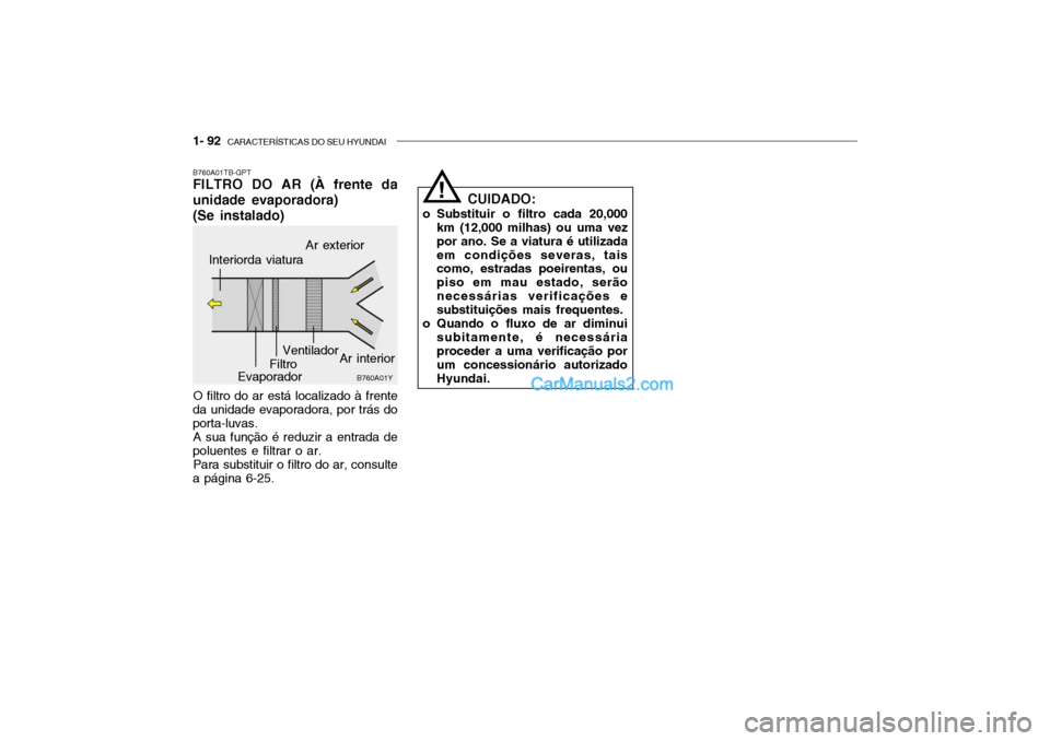 Hyundai Getz 2003  Manual do proprietário (in Portuguese) 1- 92  CARACTERÍSTICAS DO SEU HYUNDAI
B760A01TB-GPT FILTRO DO AR (À frente da unidade evaporadora) (Se instalado)
O filtro do ar está localizado à frente
da unidade evaporadora, por trás do porta