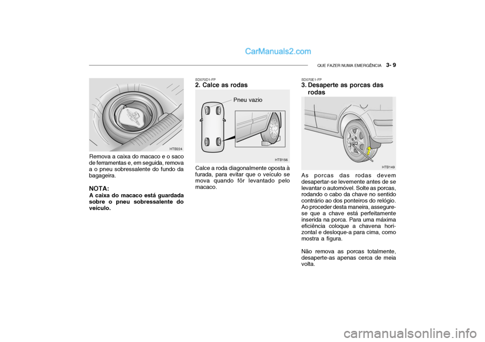 Hyundai Getz 2003  Manual do proprietário (in Portuguese) QUE FAZER NUMA EMERGÊNCIA   3- 9
HTB156
SD070D1-FP
2. Calce as rodas
Pneu vazio
Calce a roda diagonalmente oposta à
furada, para evitar que o veículo se mova quando fôr levantado pelo macaco. SD07