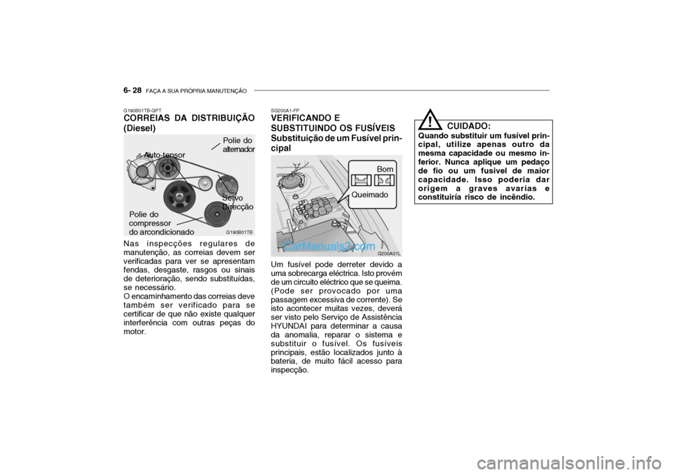 Hyundai Getz 2003 Manual do proprietário (in Portuguese) 6- 28 FAÇA A SUA PRÓPRIA MANUTENÇÃO
G200A01L
SG200A1-FP
VERIFICANDO E SUBSTITUINDO OS FUSÍVEIS Substituição de um Fusível prin-cipal
Bom
Queimado
Um fusível pode derreter devido a uma sobrec Hyundai Getz 2003 Manual do proprietário (in Portuguese) 6- 28 FAÇA A SUA PRÓPRIA MANUTENÇÃO
G200A01L
SG200A1-FP
VERIFICANDO E SUBSTITUINDO OS FUSÍVEIS Substituição de um Fusível prin-cipal
Bom
Queimado
Um fusível pode derreter devido a uma sobrec