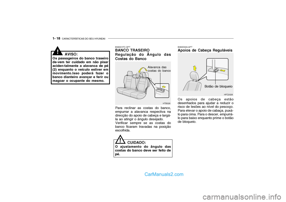 Hyundai Getz 2003  Manual do proprietário (in Portuguese) 1- 18  CARACTERÍSTICAS DO SEU HYUNDAI
HTB028
B080I01FC-GPT BANCO TRASEIRO 
Regulação do Ângulo das
Costas do Banco
Para reclinar as costas do banco,
empurrar a alavanca respectiva na direcção do