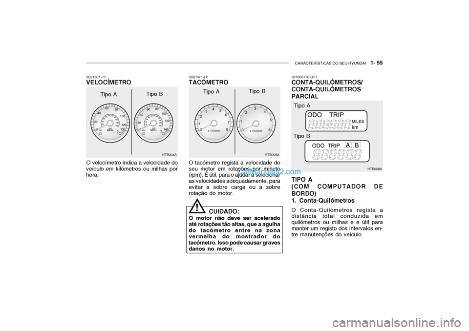 Hyundai Getz 2003  Manual do proprietário (in Portuguese) CARACTERÍSTICAS DO SEU HYUNDAI   1- 55
O velocímetro indica a velocidade do
veículo em kilómetros ou milhas por hora. SB215F1-FPTACÓMETRO
SB215C1-FPVELOCÍMETRO
O tacómetro regista a velocidade 