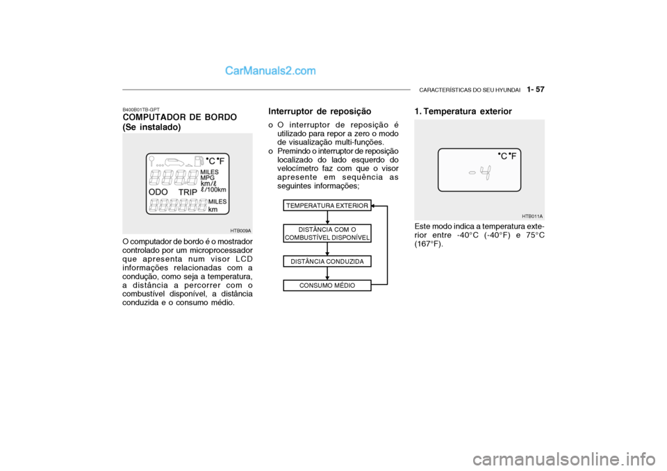 Hyundai Getz 2003  Manual do proprietário (in Portuguese) CARACTERÍSTICAS DO SEU HYUNDAI   1- 57
HTB009A
O computador de bordo é o mostrador controlado por um microprocessadorque apresenta num visor LCD informações relacionadas com a condução, como sej