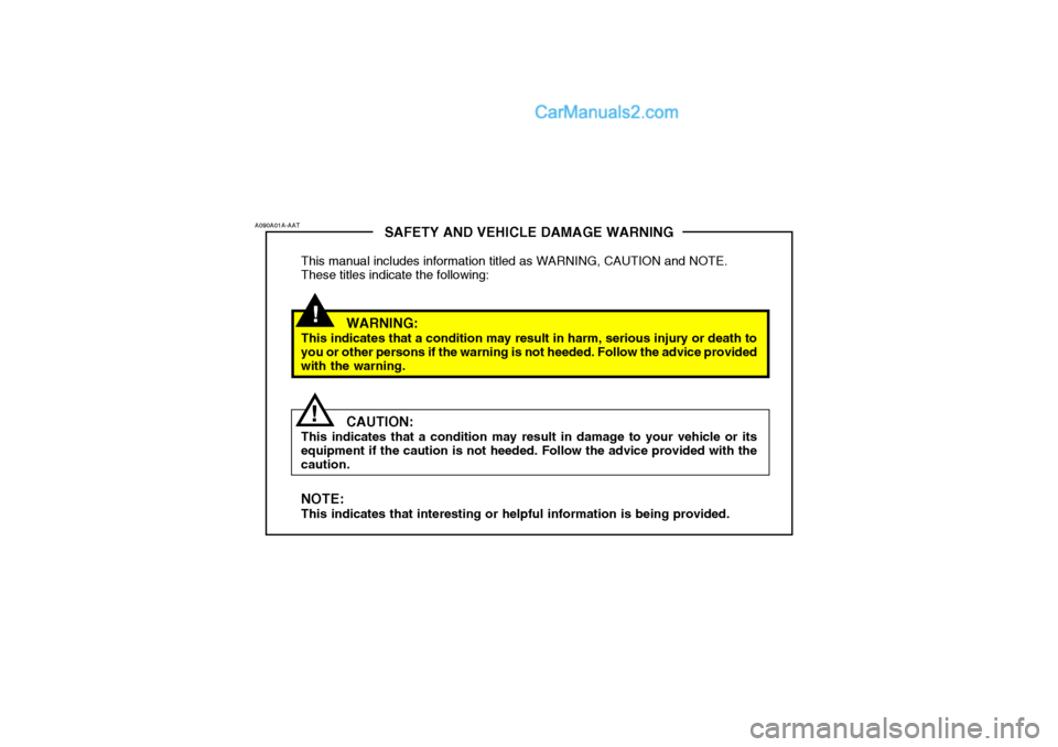 Hyundai Getz 2002  Owners Manual !
SAFETY AND VEHICLE DAMAGE WARNING
This manual includes information titled as WARNING, CAUTION and NOTE. These titles indicate the following:
WARNING:
This indicates that a condition may result in ha