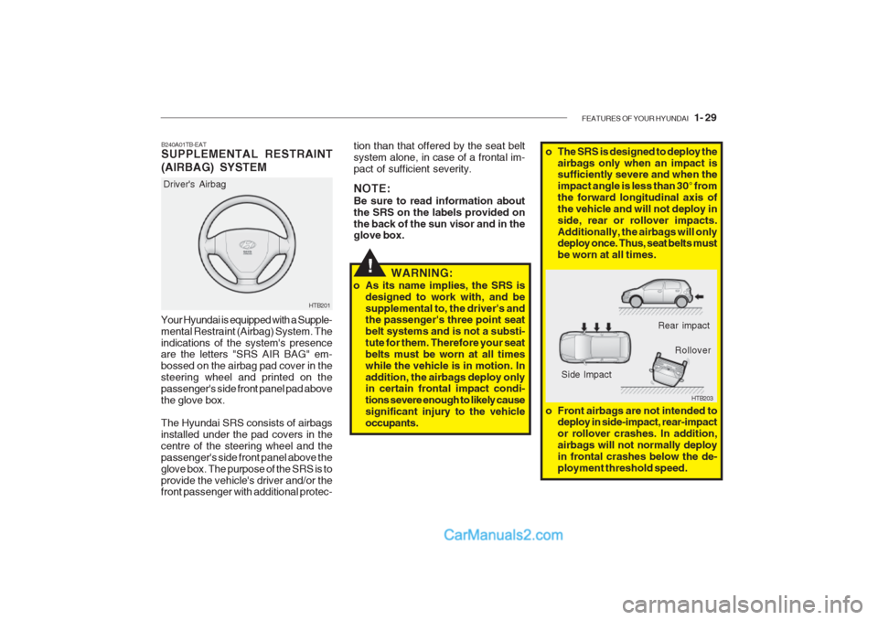 Hyundai Getz 2002 Owners Manual FEATURES OF YOUR HYUNDAI 1- 29
HTB201
Drivers Airbag
Your Hyundai is equipped with a Supple- mental Restraint (Airbag) System. Theindications of the systems presence are the letters "SRS AIR BAG" Hyundai Getz 2002 Owners Manual FEATURES OF YOUR HYUNDAI 1- 29
HTB201
Drivers Airbag
Your Hyundai is equipped with a Supple- mental Restraint (Airbag) System. Theindications of the systems presence are the letters "SRS AIR BAG"
