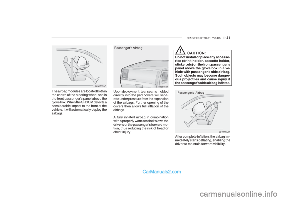 Hyundai Getz 2002 Owners Manual FEATURES OF YOUR HYUNDAI 1- 31
B240B03L-D
The airbag modules are located both in the centre of the steering wheel and inthe front passengers panel above the glove box. When the SRSCM detects a cons Hyundai Getz 2002 Owners Manual FEATURES OF YOUR HYUNDAI 1- 31
B240B03L-D
The airbag modules are located both in the centre of the steering wheel and inthe front passengers panel above the glove box. When the SRSCM detects a cons