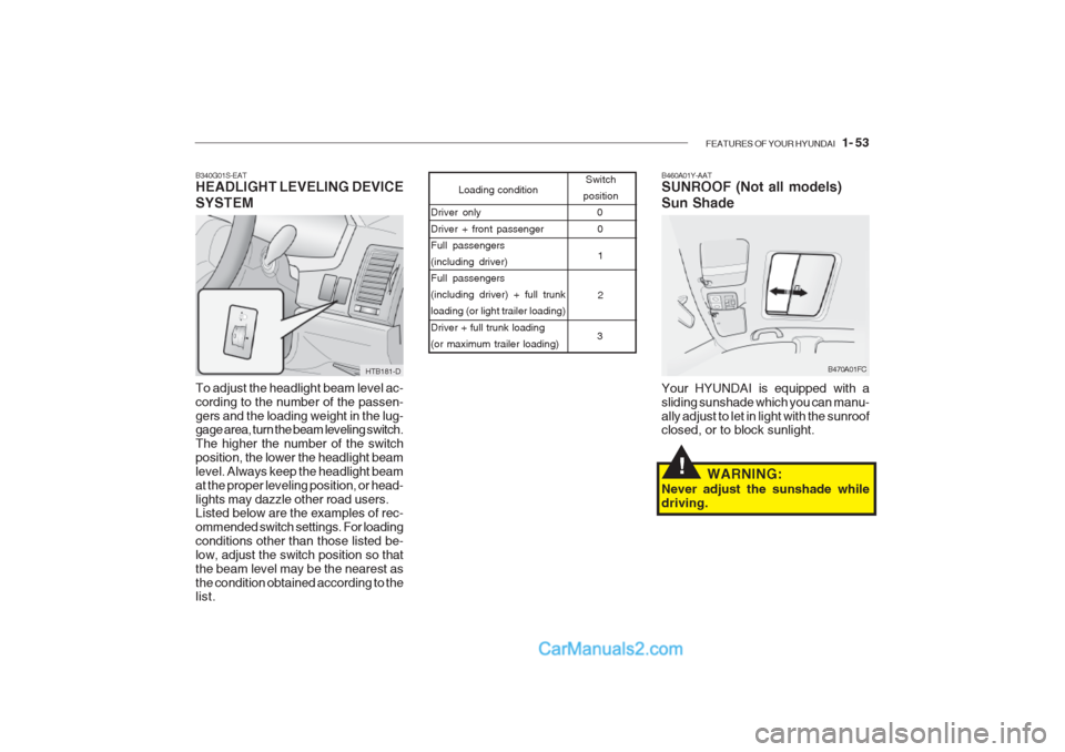 Hyundai Getz 2002 Owners Manual FEATURES OF YOUR HYUNDAI 1- 53
B460A01Y-AAT SUNROOF (Not all models) Sun Shade Your HYUNDAI is equipped with a sliding sunshade which you can manu-ally adjust to let in light with the sunroof closed Hyundai Getz 2002 Owners Manual FEATURES OF YOUR HYUNDAI 1- 53
B460A01Y-AAT SUNROOF (Not all models) Sun Shade Your HYUNDAI is equipped with a sliding sunshade which you can manu-ally adjust to let in light with the sunroof closed