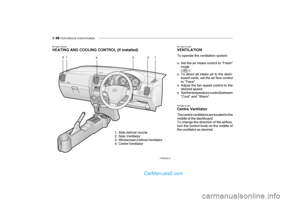 Hyundai Getz 2002  Owners Manual 1- 68  FEATURES OF YOUR HYUNDAI
B710A01TB-EAT 
HEATING AND COOLING CONTROL (If Installed)
1. Side defrost nozzle 
2. Side Ventilator 
3. Windscreen Defrost Ventilator
4. Centre Ventilator B710A01S-AAT