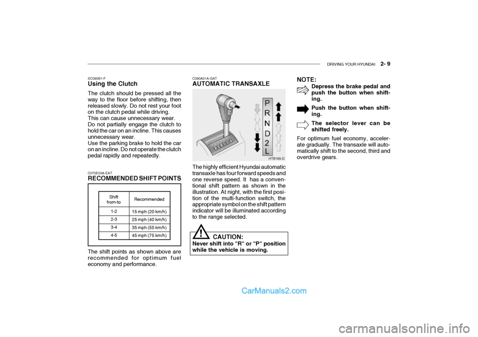 Hyundai Getz 2002 Owners Manual DRIVING YOUR HYUNDAI 2- 9
C070E03A-EAT RECOMMENDED SHIFT POINTS
1-2 2-3 3-44-5
Shift
from-to Recommended
15 mph (20 km/h)25 mph (40 km/h)35 mph (55 km/h) 45 mph (75 km/h)
The shift points as shown Hyundai Getz 2002 Owners Manual DRIVING YOUR HYUNDAI 2- 9
C070E03A-EAT RECOMMENDED SHIFT POINTS
1-2 2-3 3-44-5
Shift
from-to Recommended
15 mph (20 km/h)25 mph (40 km/h)35 mph (55 km/h) 45 mph (75 km/h)
The shift points as shown