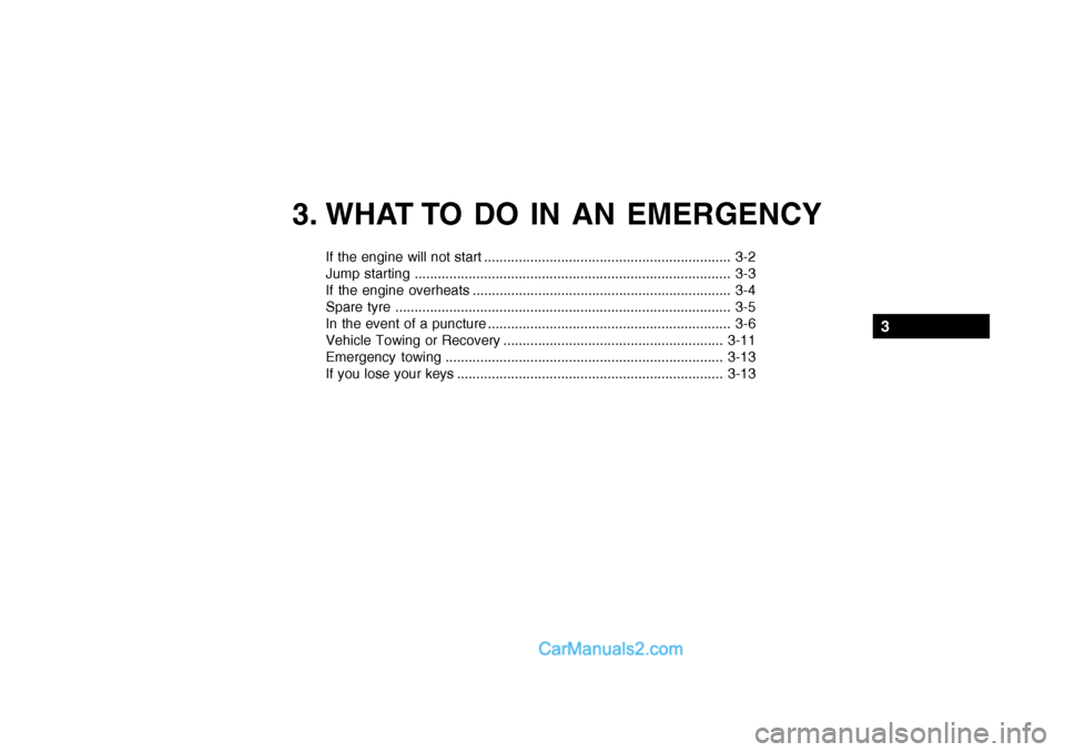 Hyundai Getz 2002  Owners Manual 3. WHAT TO DO IN AN EMERGENCY
If the engine will not start ................................................................ 3-2 
Jump starting .........................................................