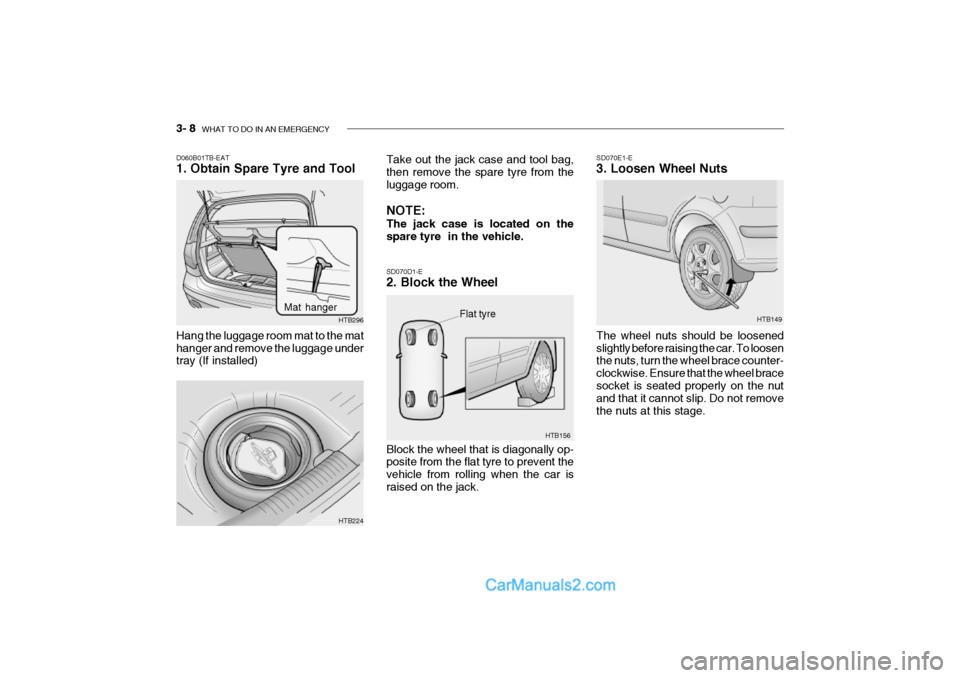 Hyundai Getz 2002  Owners Manual 3- 8  WHAT TO DO IN AN EMERGENCY
HTB149
SD070E1-E 3. Loosen Wheel Nuts The wheel nuts should be loosened slightly before raising the car. To loosen the nuts, turn the wheel brace counter- clockwise. E