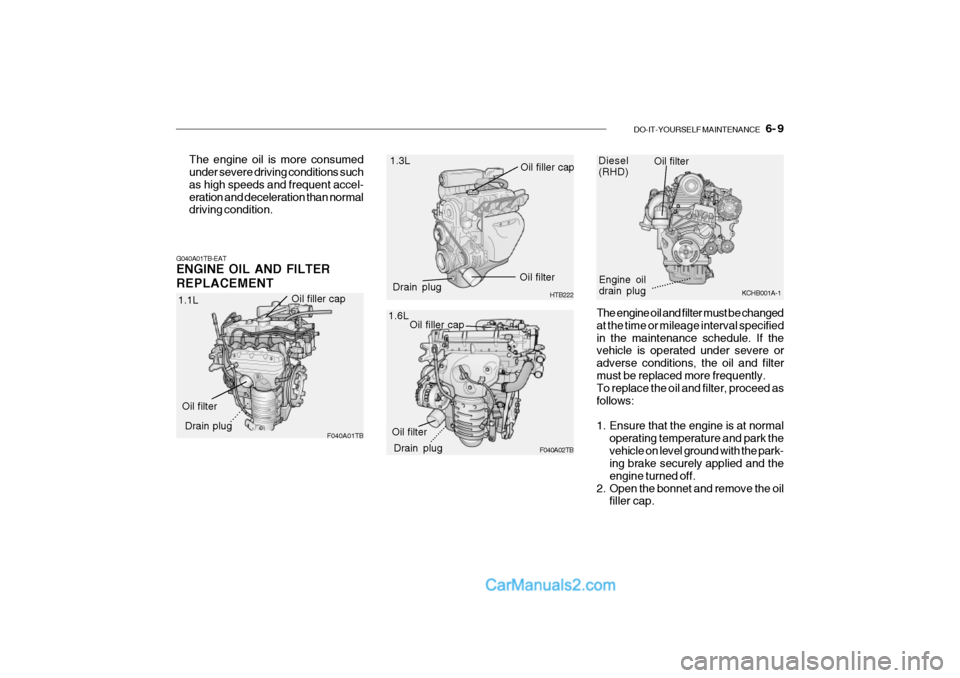 Hyundai Getz 2002  Owners Manual DO-IT-YOURSELF MAINTENANCE    6- 9
Oil filler cap 1.3L
F040A01TB HTB222
Oil filter
Drain plug Oil filler cap
Drain plug Oil filter
1.1L
.........
The engine oil is more consumed under severe driving c