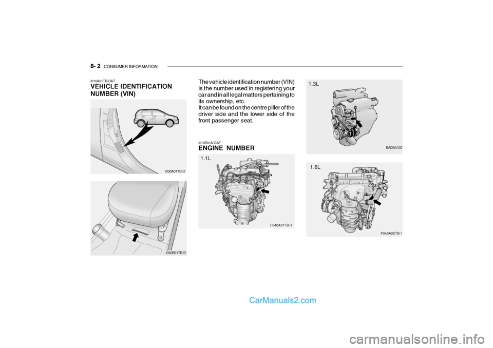 Hyundai Getz 2002  Owners Manual 8- 2  CONSUMER INFORMATION
I030A01TB-D EADA010C
I010A01TB-DAT VEHICLE IDENTIFICATION NUMBER (VIN)
The vehicle identification number (VIN) is the number used in registering your car and in all legal ma