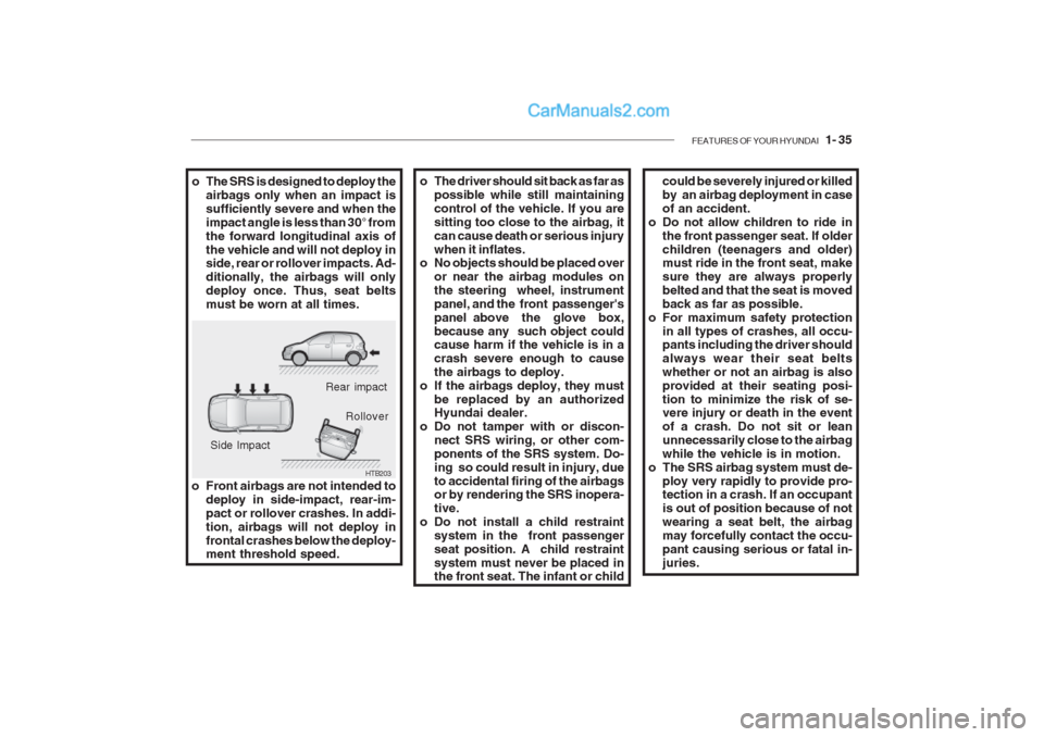 Hyundai Getz 2002 Owners Manual FEATURES OF YOUR HYUNDAI 1- 35
HTB203
Rear impact
Side Impact Rollover
o Front airbags are not intended to deploy in side-impact, rear-im- pact or rollover crashes. In addi-tion, airbags will not de Hyundai Getz 2002 Owners Manual FEATURES OF YOUR HYUNDAI 1- 35
HTB203
Rear impact
Side Impact Rollover
o Front airbags are not intended to deploy in side-impact, rear-im- pact or rollover crashes. In addi-tion, airbags will not de