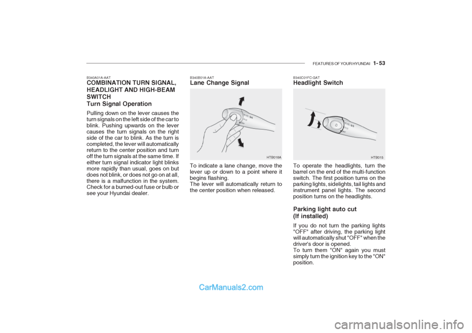 Hyundai Getz 2002  Owners Manual FEATURES OF YOUR HYUNDAI   1- 53
HTB018A
HTB015
B340B01A-AAT Lane Change Signal
B340C01FC-GATHeadlight Switch
To indicate a lane change, move the lever up or down to a point where itbegins flashing. T